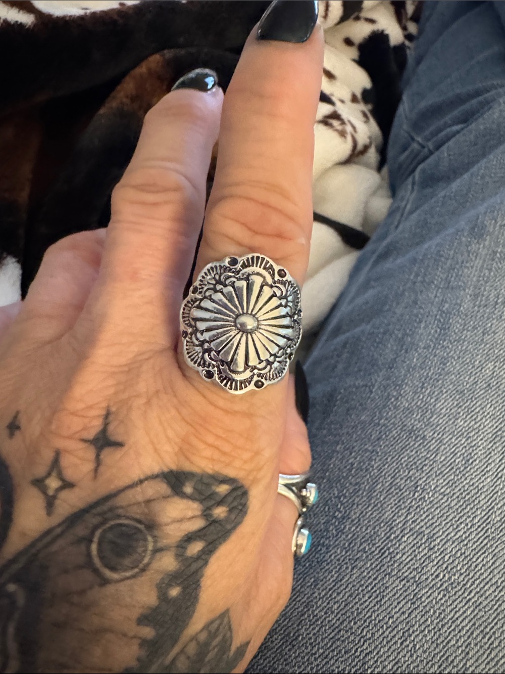 925 Silver Floral Engraved womens concho Statement Ring